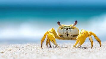 Close-up of a vibrant yellow crab on sandy beach. photo