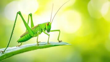 Vibrant green grasshopper perched on a leaf. photo