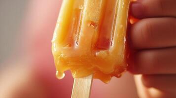 Close-up of a melting popsicle held in a hand. photo