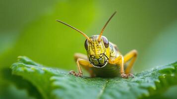 Close-up view of a vibrant grasshopper on a leaf. photo