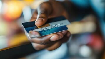 Close-up of a person holding a credit card. photo