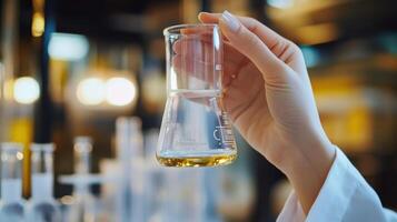 A person holds a laboratory flask filled with liquid. photo
