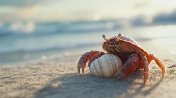 Coastal crab rests near a seashell on sandy shore. photo
