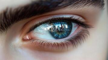 Close-up view of a person's eye reflecting a city skyline. photo