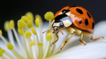 Close-up view of a ladybug on a white flower. photo