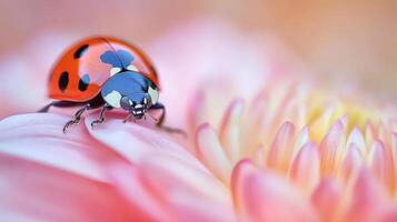 Close-up view of ladybug on a delicate pink flower. photo