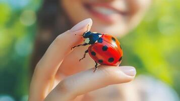 Close-up view of a ladybug held gently by a hand. photo