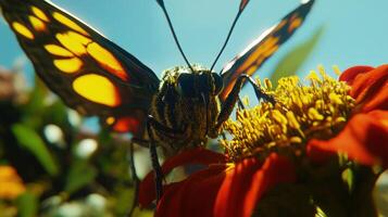 Close-up view of a butterfly feeding on a flower. photo