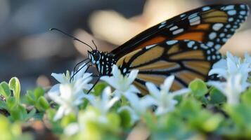 Close-up view of a monarch butterfly on small white flowers. photo