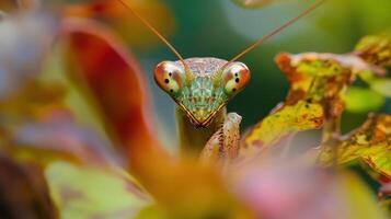 Close-up of a praying mantis amidst colorful foliage. photo