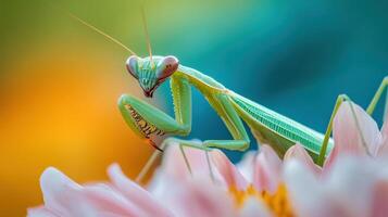 Close-up of a vibrant green praying mantis on a flower. photo