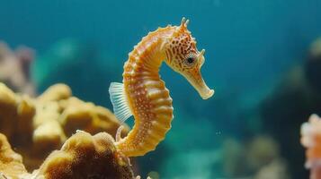 Close-up of a small seahorse on a coral reef. photo