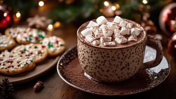 Festive mug of hot chocolate with marshmallows and cookies. photo