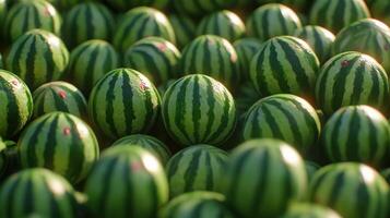 Close-up view of many round watermelons. photo