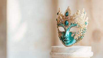 Ornate teal carnival mask on a pedestal. photo