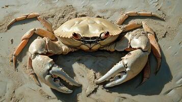 Large crab positioned centrally on sandy ground. photo