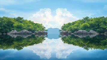 Serene, mirrored landscape with lush greenery and calm waters. photo