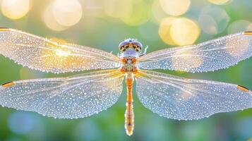 Close-up view of a dragonfly with glistening wings. photo