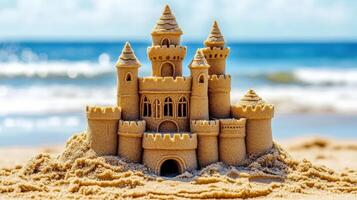 A picturesque sandy castle creation on a beach. photo