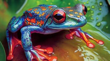 Vibrant colorful tree frog on a green leaf. photo