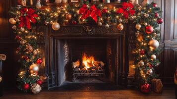 Festive fireplace display with holiday ornaments and garland. photo