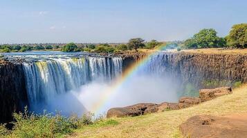 Majestic waterfall scene with vibrant rainbow arc. photo