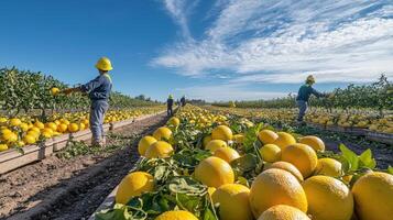 Citrus harvest in an agricultural field under a clear sky. photo