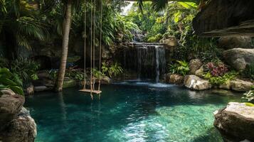 Lush tropical pool area with cascading waterfall and swing. photo