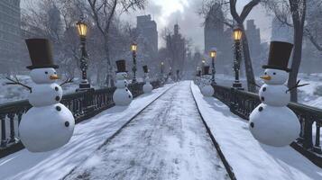 Winter wonderland scene with numerous snowmen on a bridge. photo