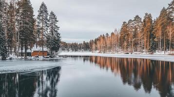 Winter landscape reflecting a cabin on frozen lake. photo