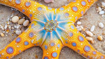 Detailed close-up view of a vibrant starfish on sand. photo