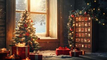 Cozy Christmas scene by the window with decorations. photo