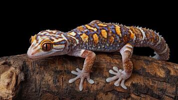 Detailed close-up of a colorful gecko on a branch. photo