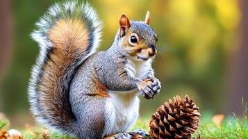 Close-up view of a fluffy gray squirrel holding a nut. photo