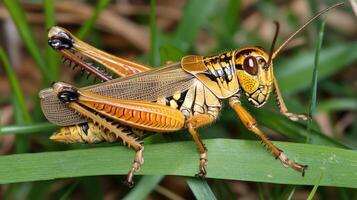 Close-up view of a grasshopper resting on blades of grass. photo