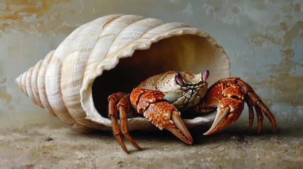 Detailed illustration of a hermit crab inside a large shell. photo