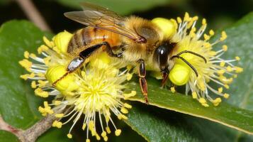 Close-up view of a honeybee collecting pollen from bright yellow flowers. photo