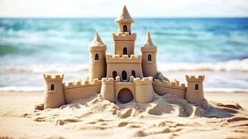 Seashore sandcastle formation on the beach. photo