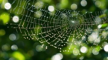 Delicate spiderweb strung with morning dew drops. photo