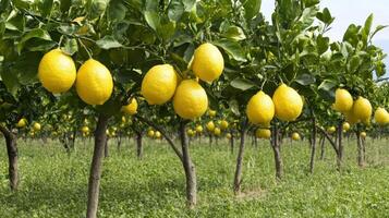 Lush citrus grove with ripe yellow lemons. photo