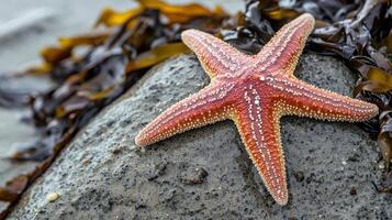 Close-up view of a vibrant starfish resting on a gray rock. photo