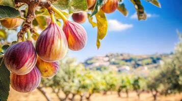 Lush figs on a branch in a sunny orchard. photo