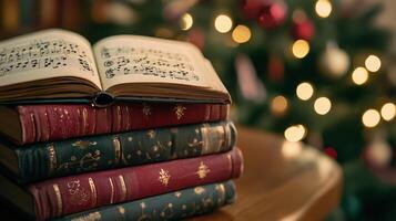 Stacked vintage books with musical notations, holiday lights in the background. photo
