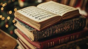 Stacked vintage books with musical notation, illuminated by holiday lights. photo