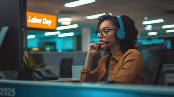 Focused customer service representative at work in a modern office. photo