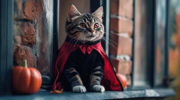 Cute tabby cat in a Halloween costume sits by a window. photo