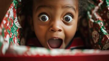 A child's surprised expression peeking from a holiday present. photo