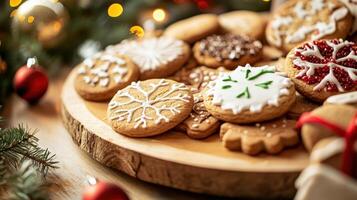 Festive gingerbread cookies arranged on a wooden platter. photo