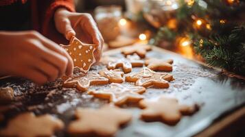 Festive gingerbread cookies being decorated by hands. photo