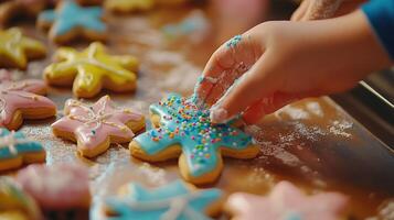 Child's hands decorate frosted cookies on a baking sheet. photo